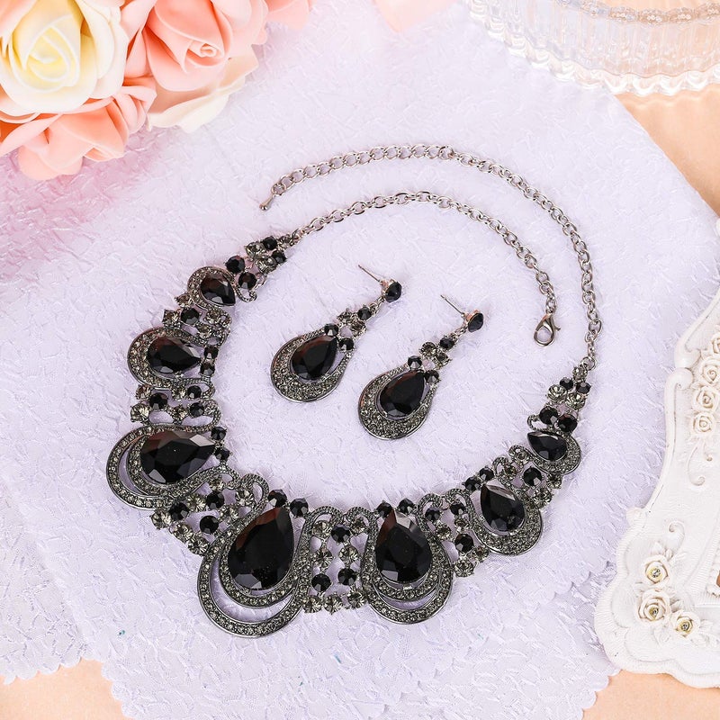 BriLove Costume Fashion Jewelry Set for Women Crystal Teardrop Hollow Scroll Statement Necklace Dangle Earrings Black Silver-Tone - Image 2